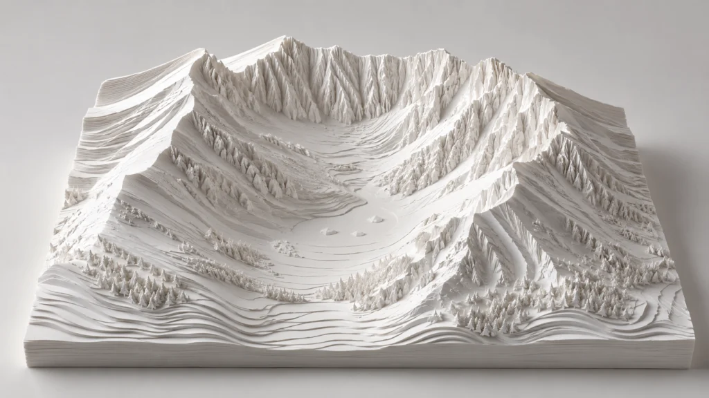 白い紙を幾重にも重ね、山や谷の地形のように仕上げた立体作品のイメージ画像