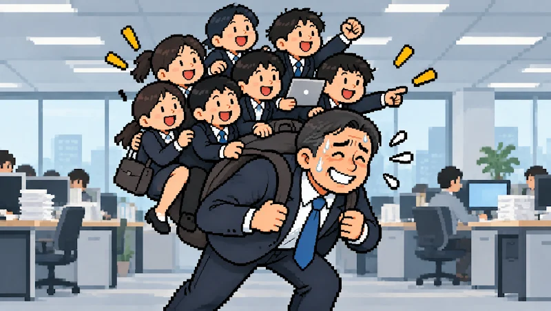 オフィスで大勢の後輩を背中に乗せ、汗をかきながら走る先輩社員のイラスト
